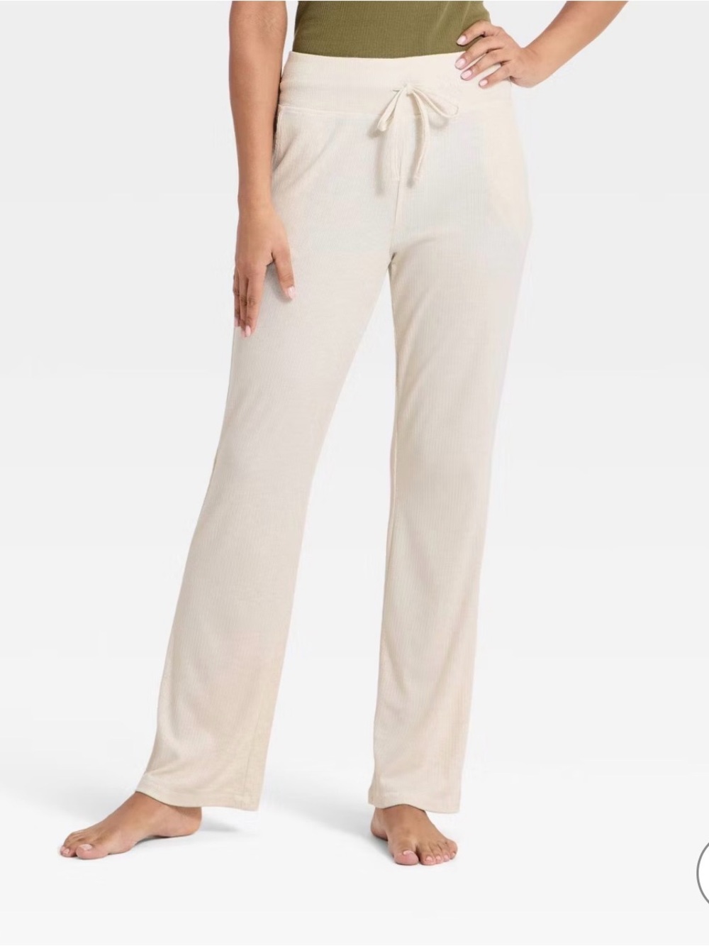 Auden Ribbed Drawstring Wide-Leg Pajama Pants in Ecru